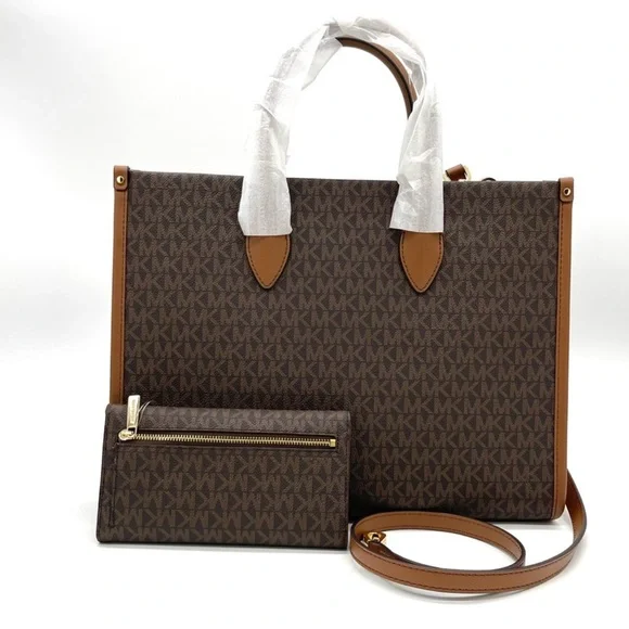 Michael Kors Mirella Medium EW Tote Bag & Trifold Wallet Brown - Picture 4 of 11